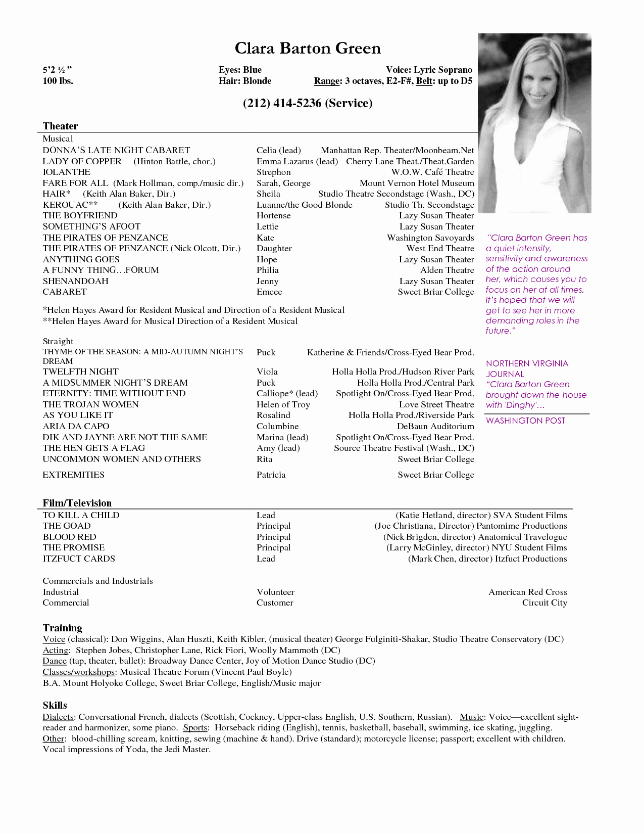 Free Acting Resume Samples and Musical theater Template