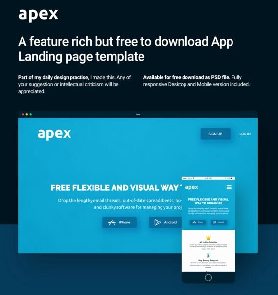 Free Apex Mobile App Download Landing Page Template Psd
