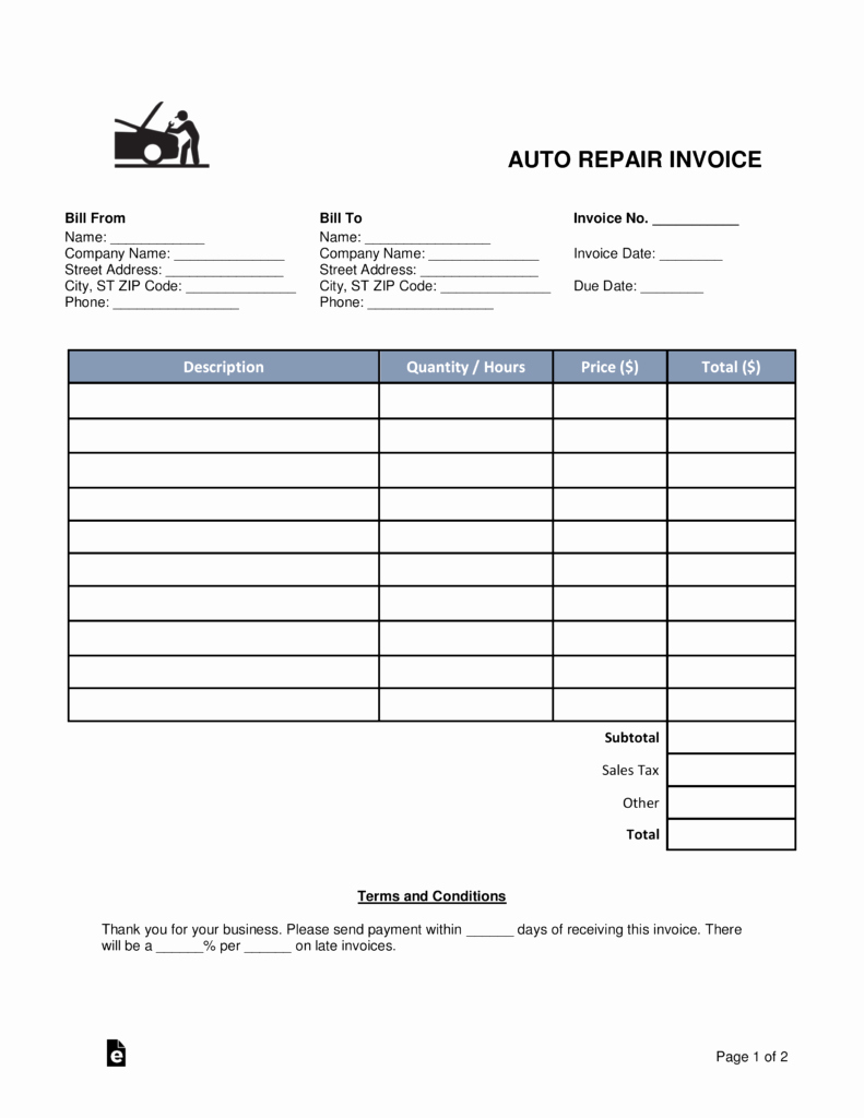 Free Auto Body Mechanic Invoice Template Pdf