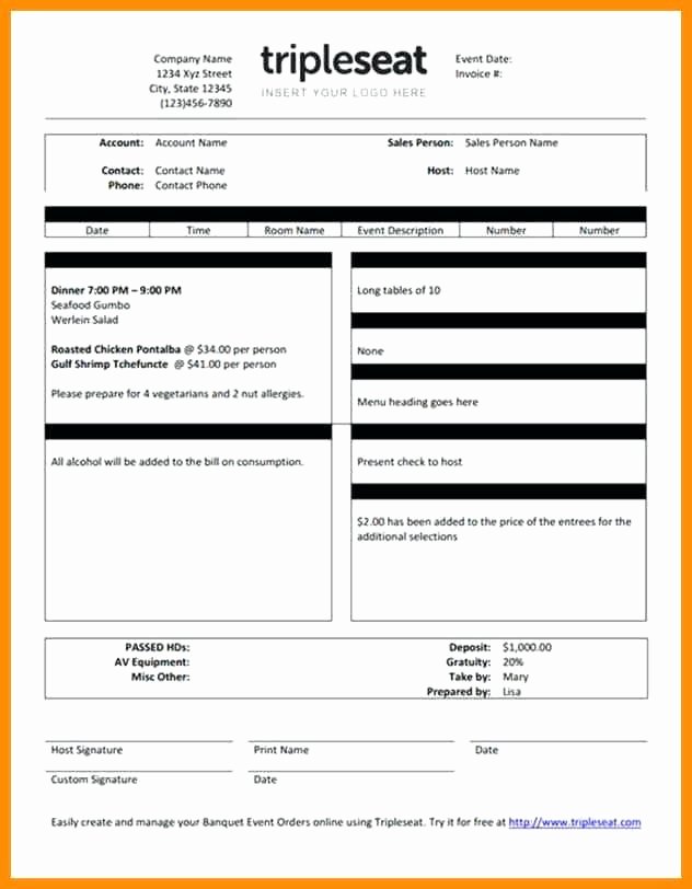 Free Banquet event order form Template Standard Catering