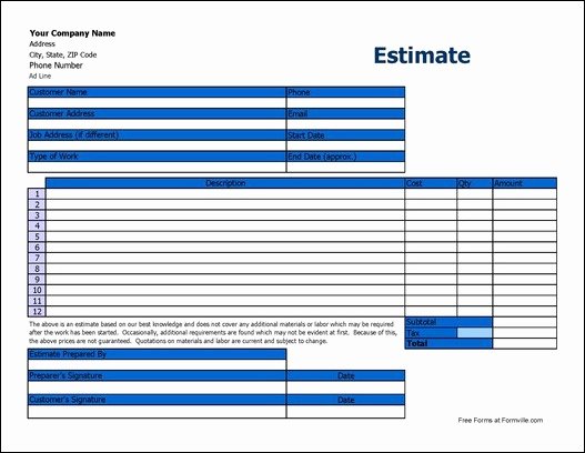 Free Basic Estimate Wide From formville