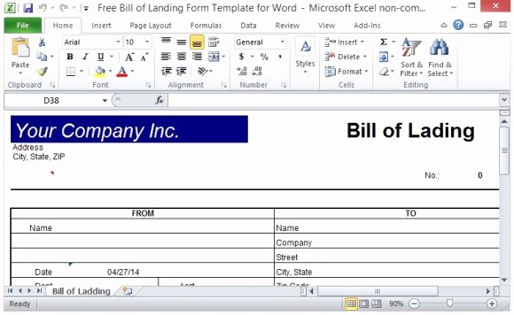 Free Bill Of Lading form Template for Excel