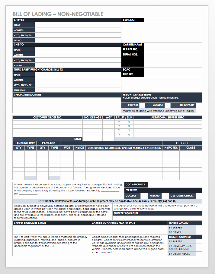 Free Bill Of Lading Templates