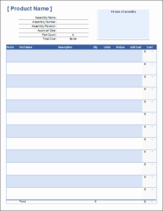 Free Bill Of Materials Template for Excel