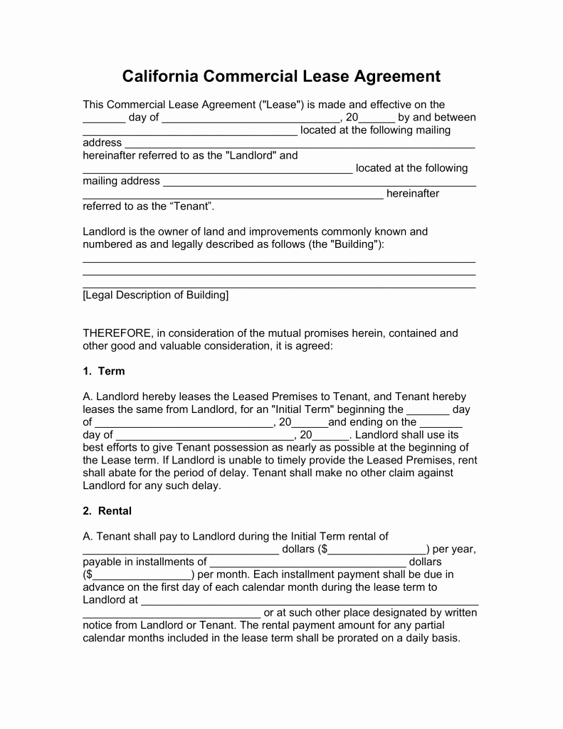 Free California Mercial Lease Agreement Template Pdf