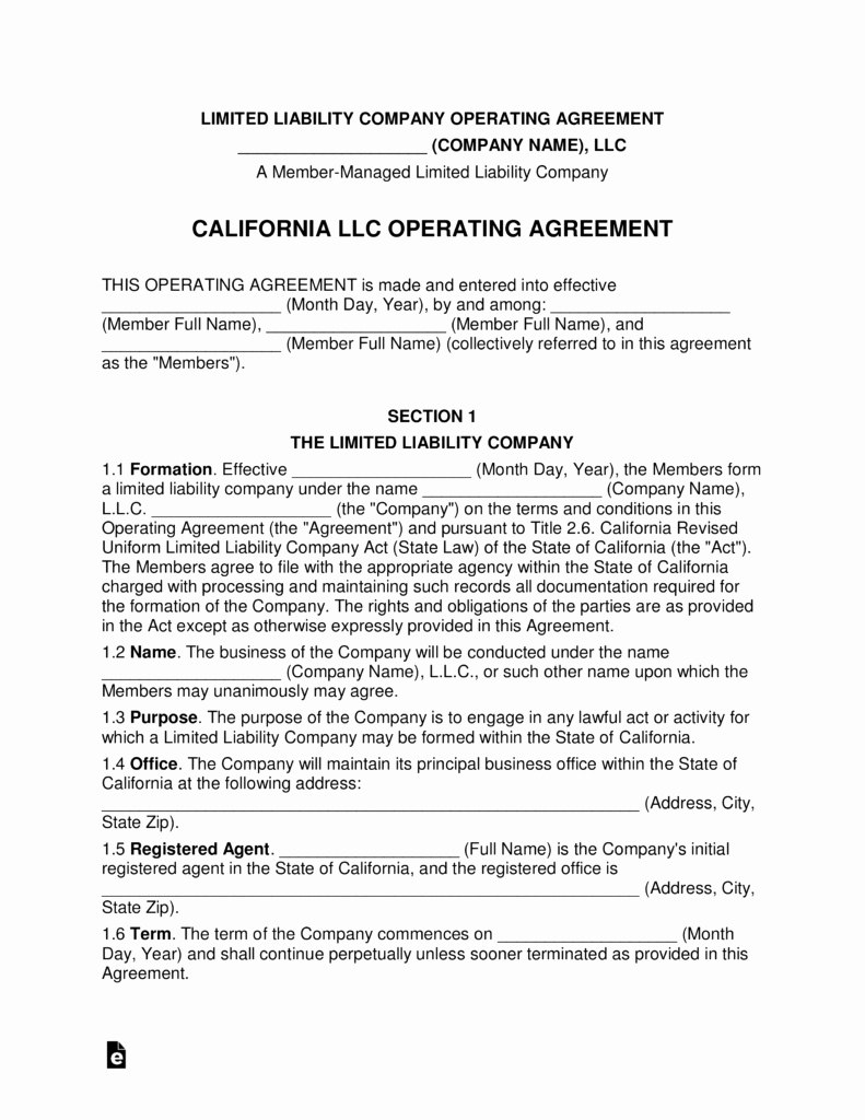 california multi member llc operating agreement form