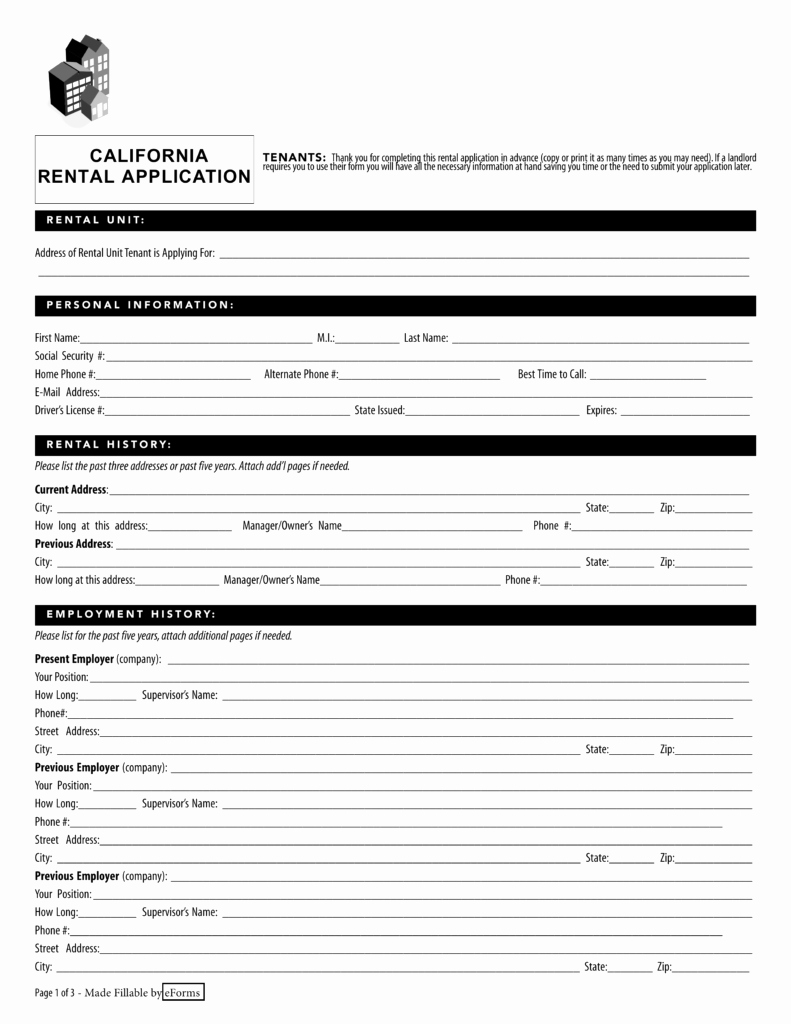 Free California Rental Application form Pdf