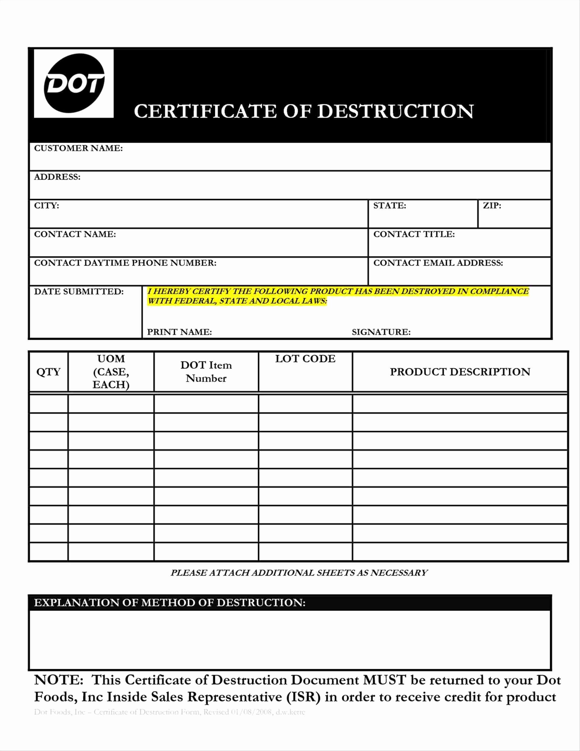 Certificate Of Destruction Template