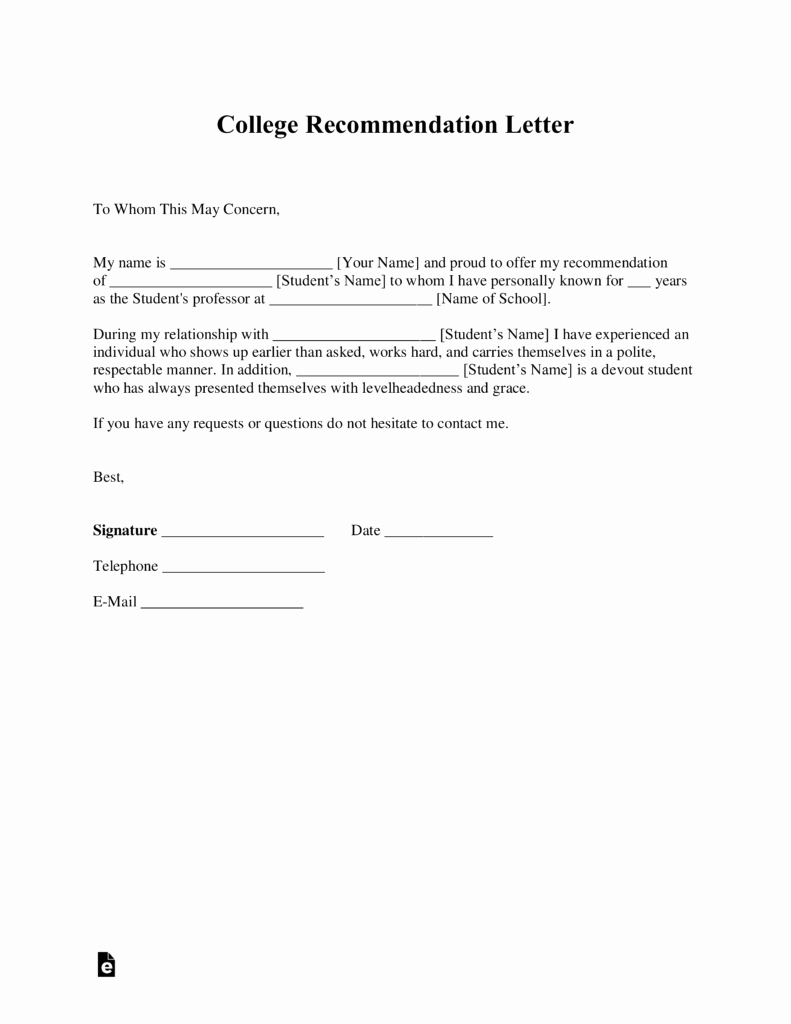 Free College Re Mendation Letter Template with Samples
