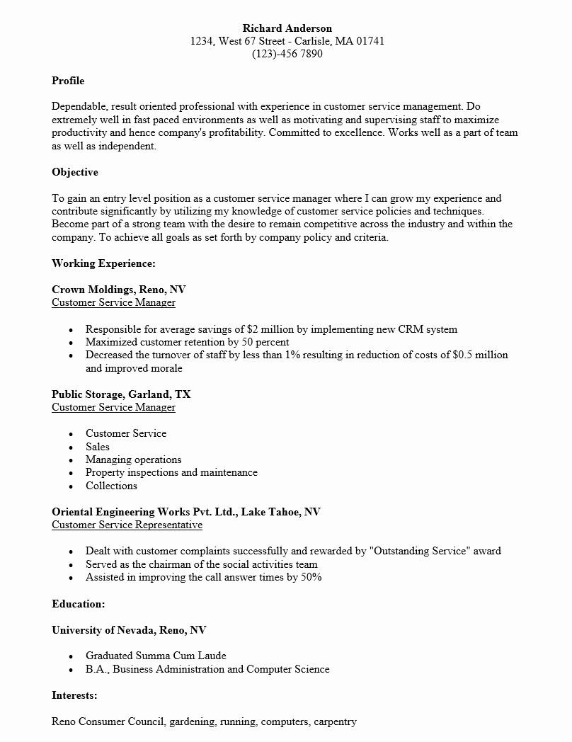 Free Customer Service Manager Resume Template