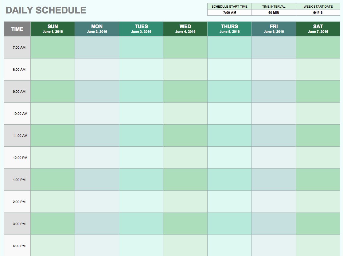 excel daily schedule template night