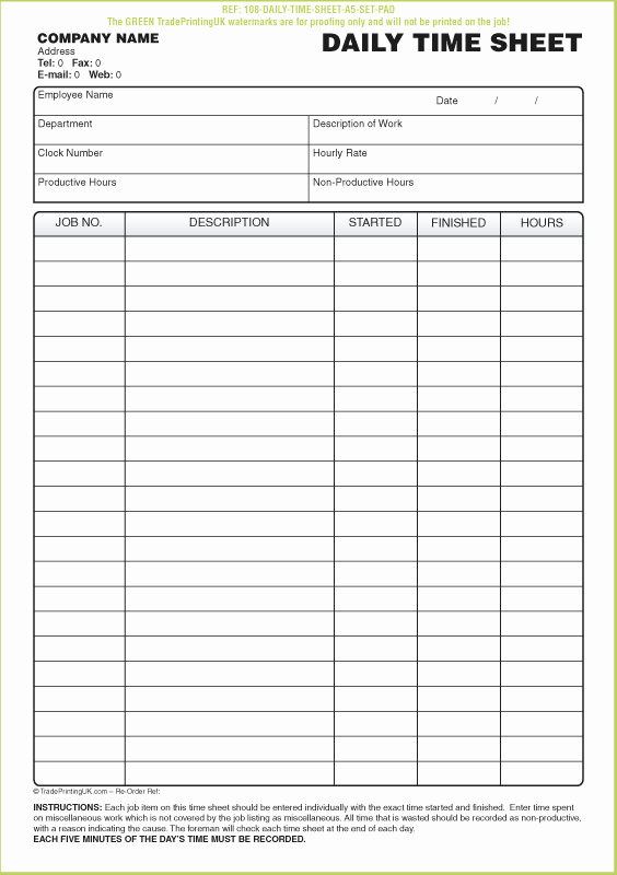 Free Daily Timesheet Template form Printed From £50