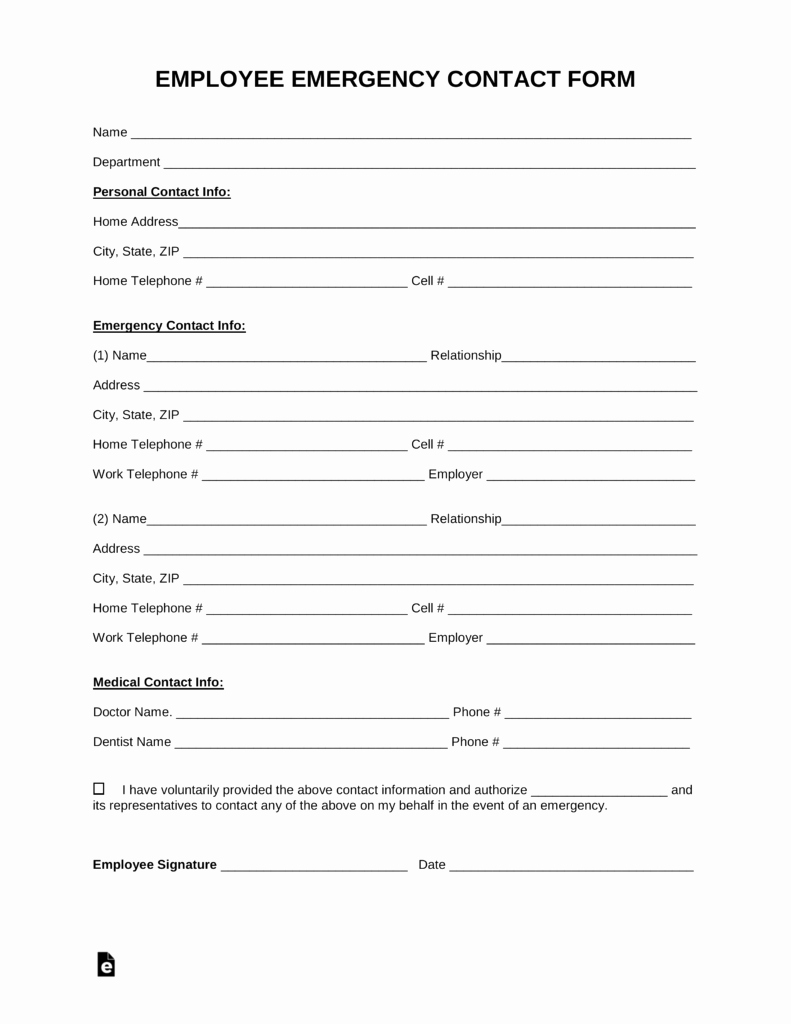Free Employee Emergency Contact form Pdf Word