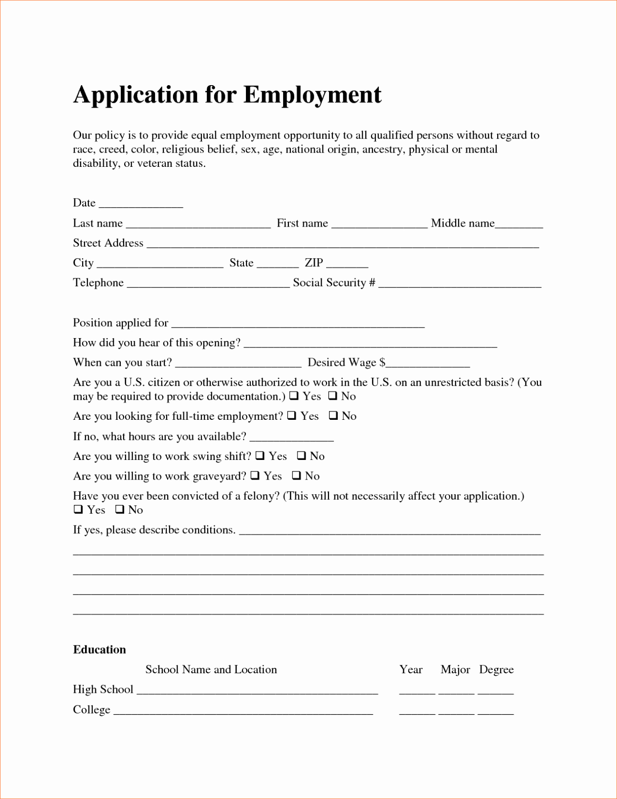 Free Employment Job Application form Template Sample