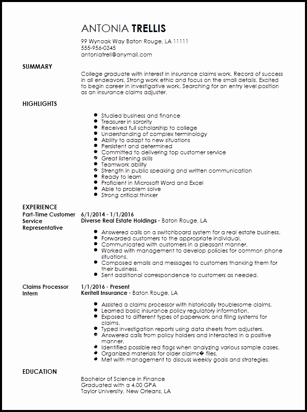 Free Entry Level Insurance Claims Adjuster Resume Template