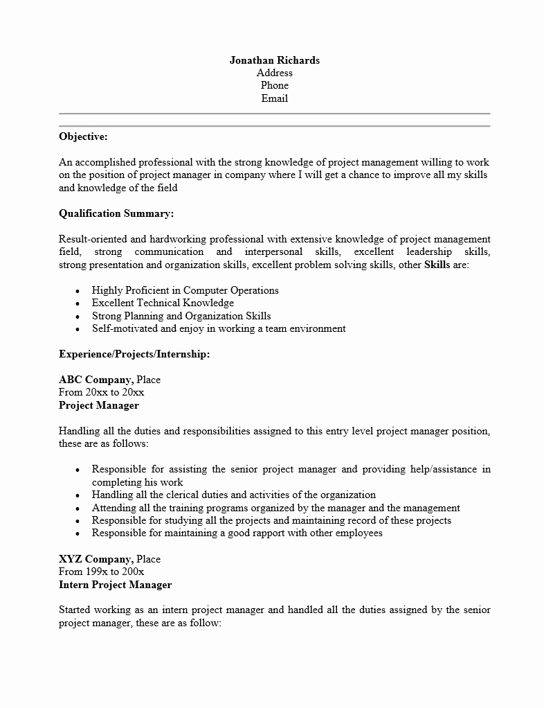 Free Entry Level Project Manager Resume Template
