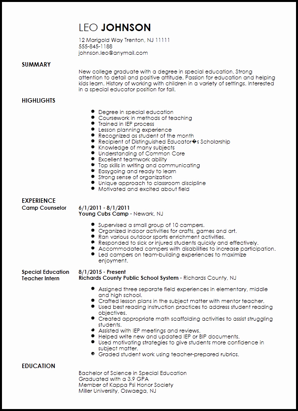 Free Entry Level Special Education Teacher Resume Template