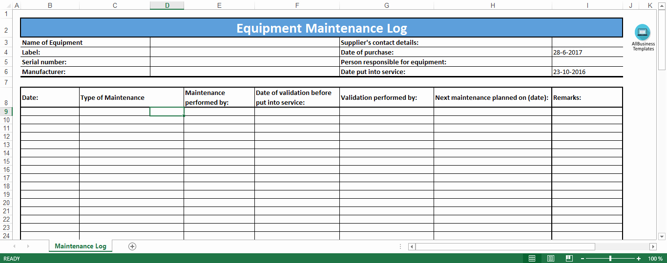 equipment maintenance log excel template