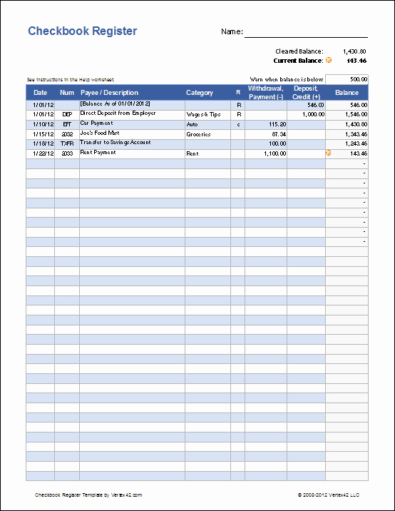 Free Excel Checkbook Register Printable