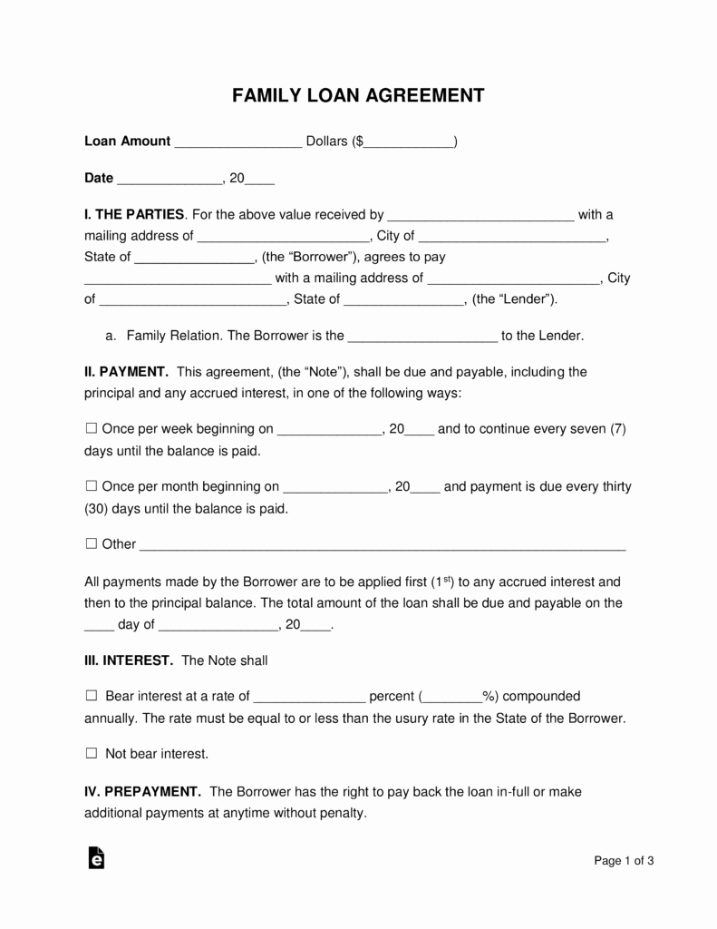 Free Family Loan Agreement Template Pdf Word