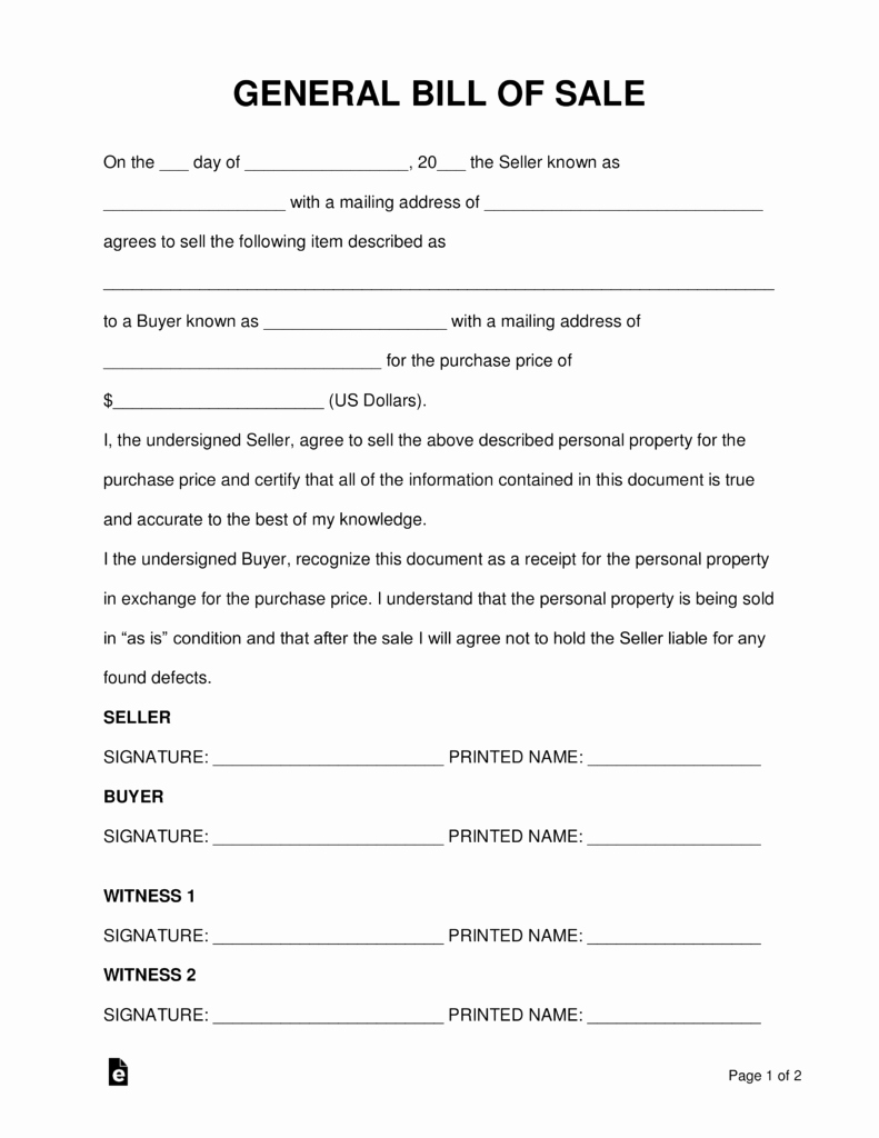 Free General Personal Property Bill Of Sale form Word