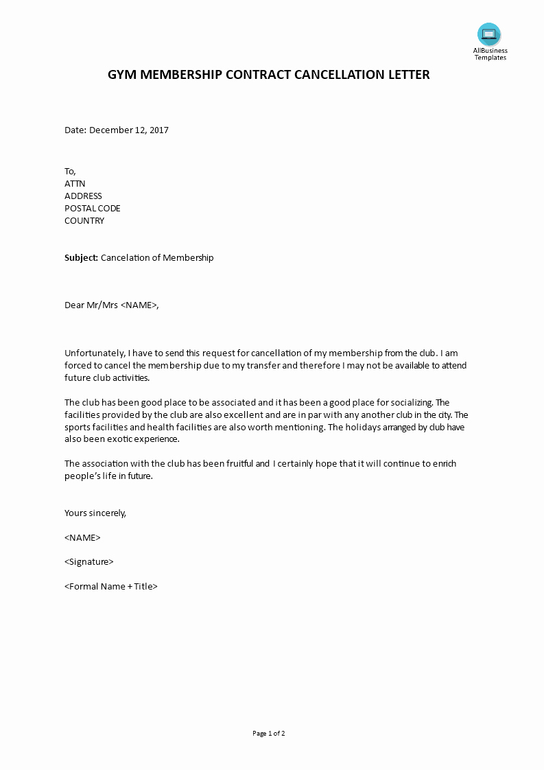 Free Gym Membership Contract Cancellation Letter