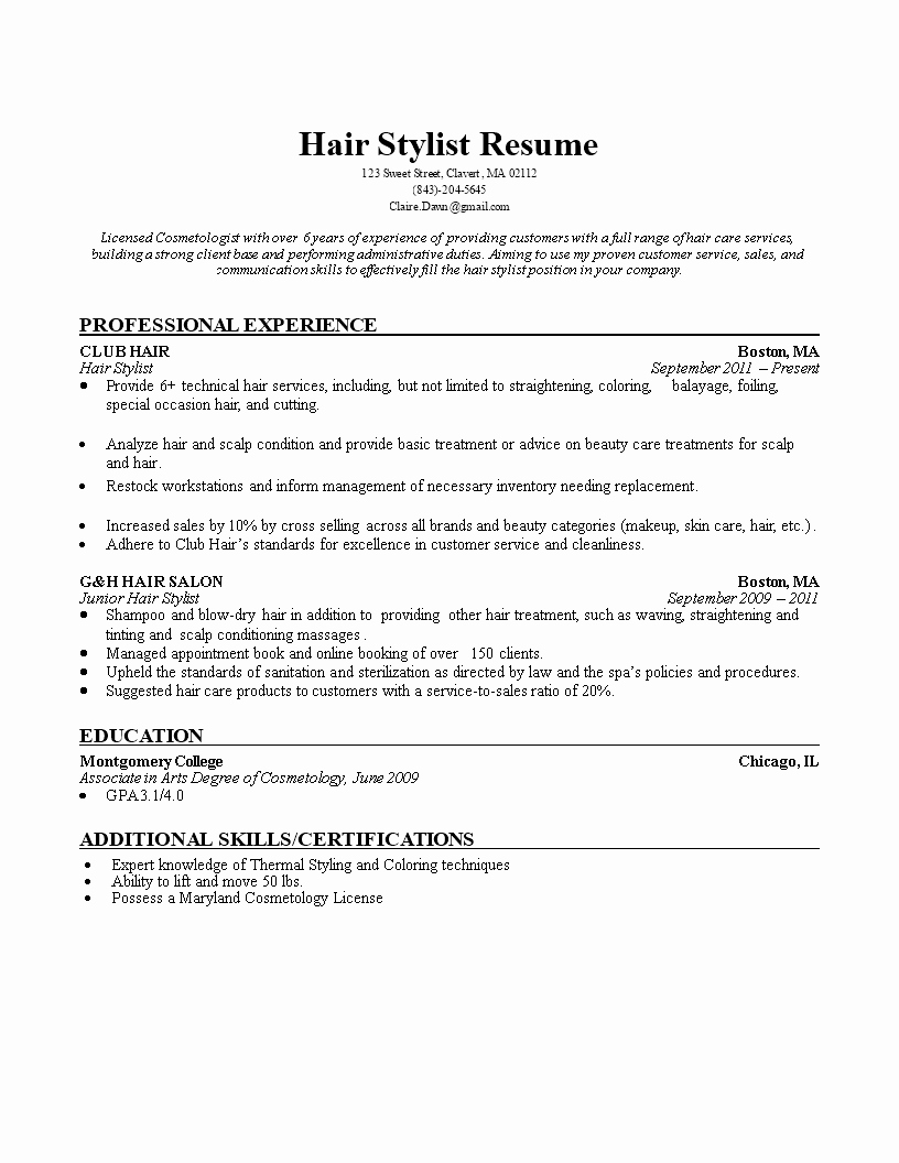 Free Hair Stylist Resume Sample
