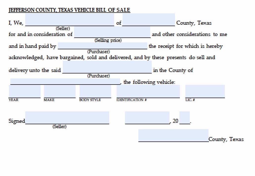 Free Jefferson County Texas Vehicle Bill Of Sale form
