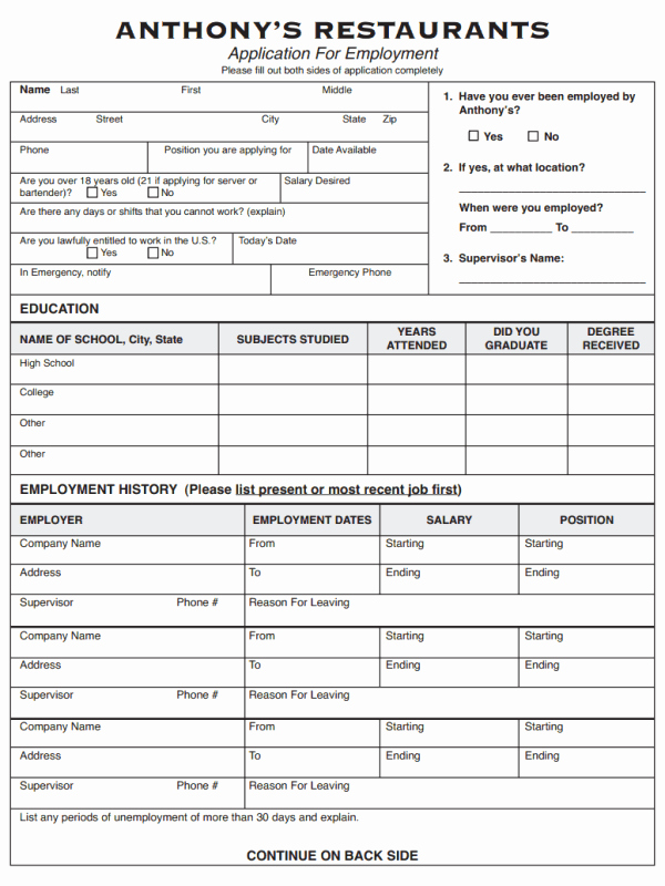 Free Jobs Application to Print Out Restaurant