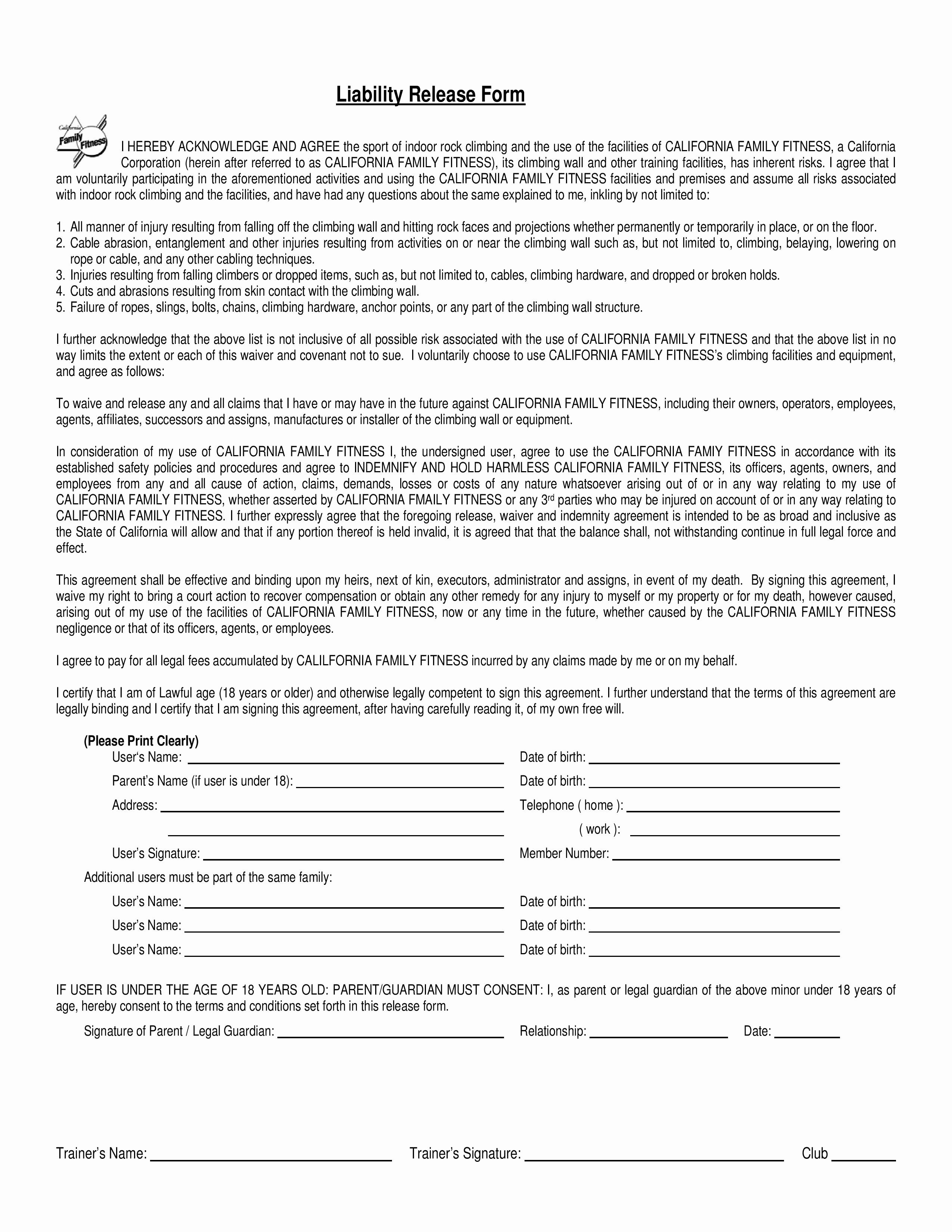 Free Liability Waiver form Template