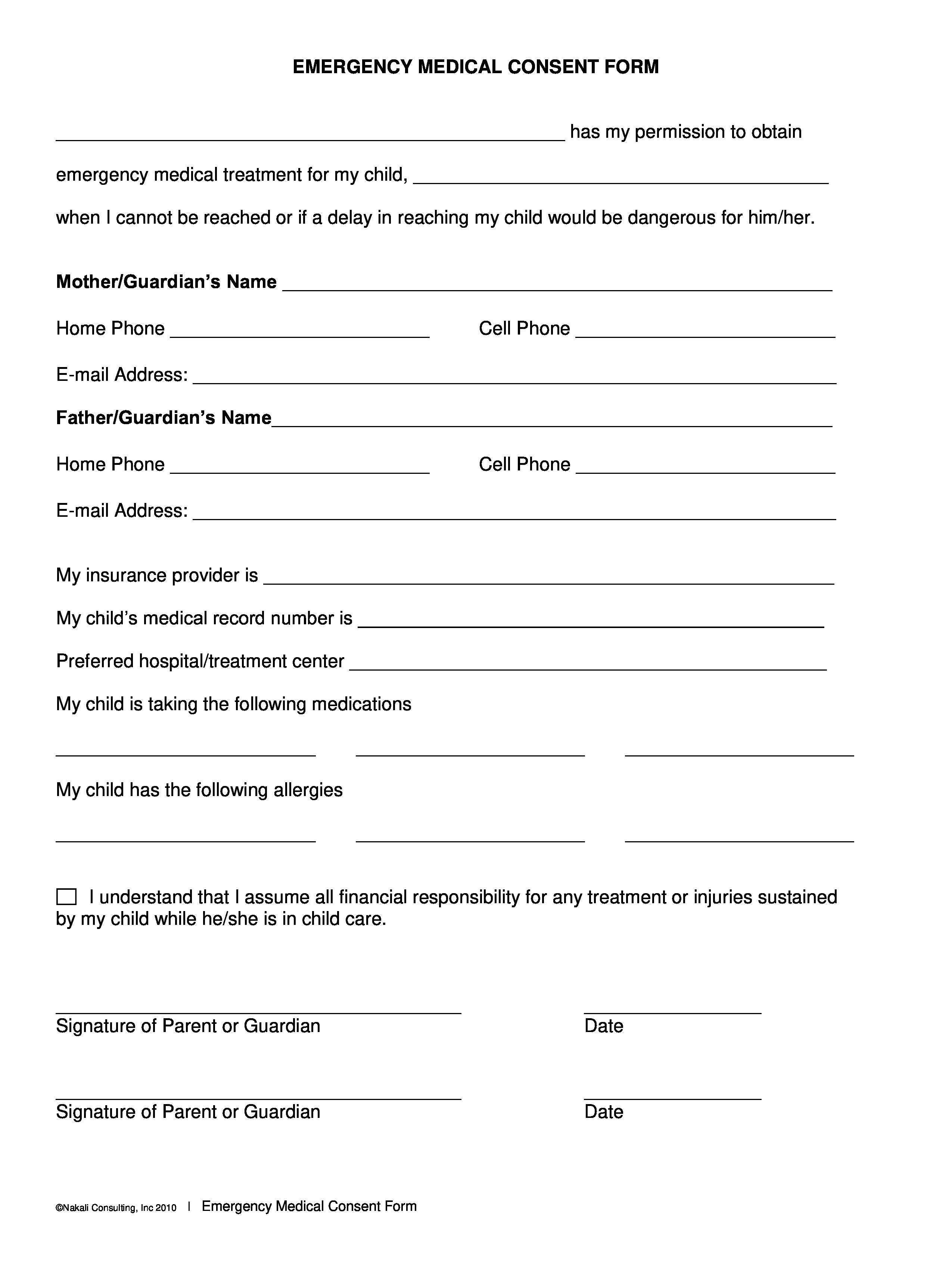Free Medical Emergency Consent form