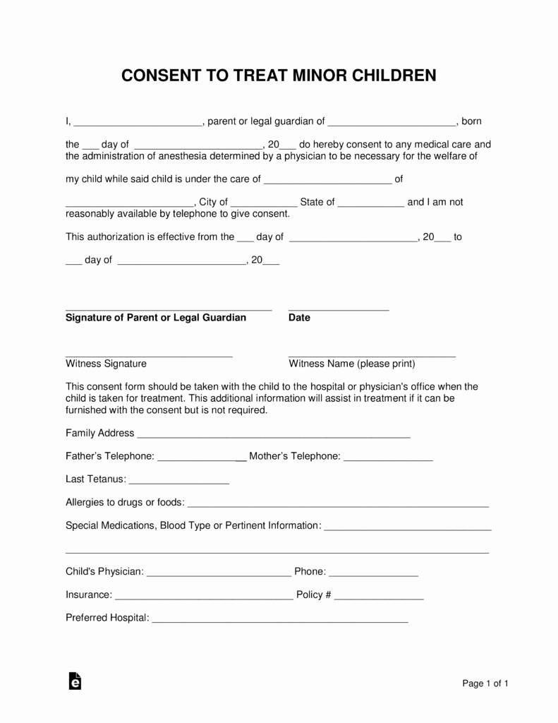Free Minor Child Medical Consent form Word