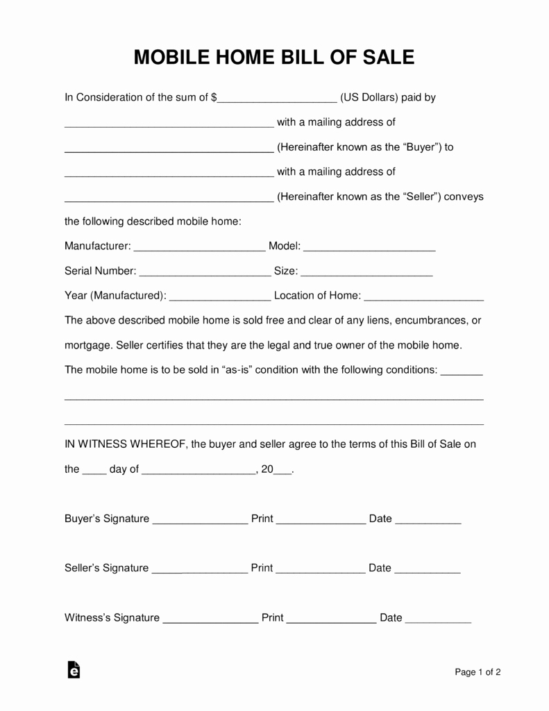 Free Mobile Manufactured Home Bill Of Sale form Word