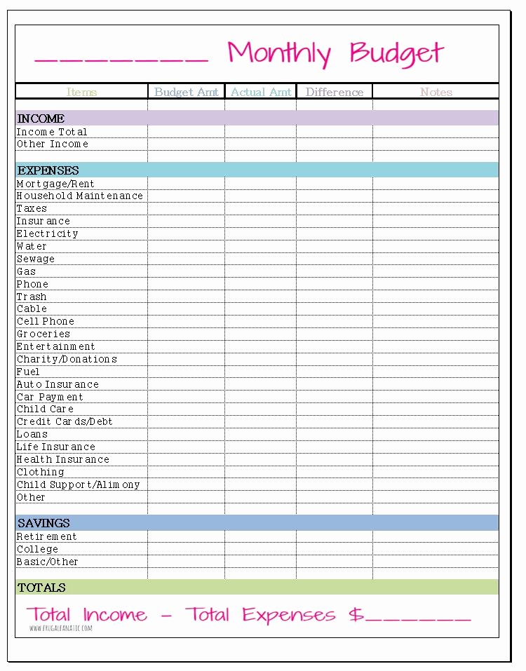 free monthly bud template