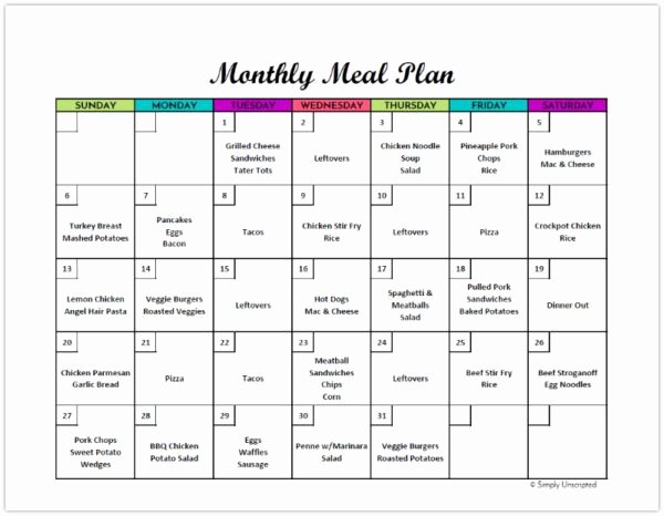 Free Monthly Meal Planner Printable Calendar Template for