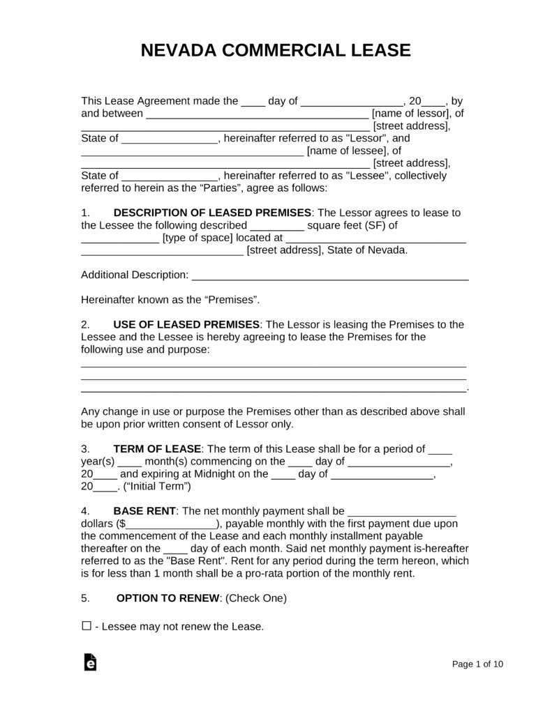 Free Nevada Mercial Lease Agreement Template Pdf
