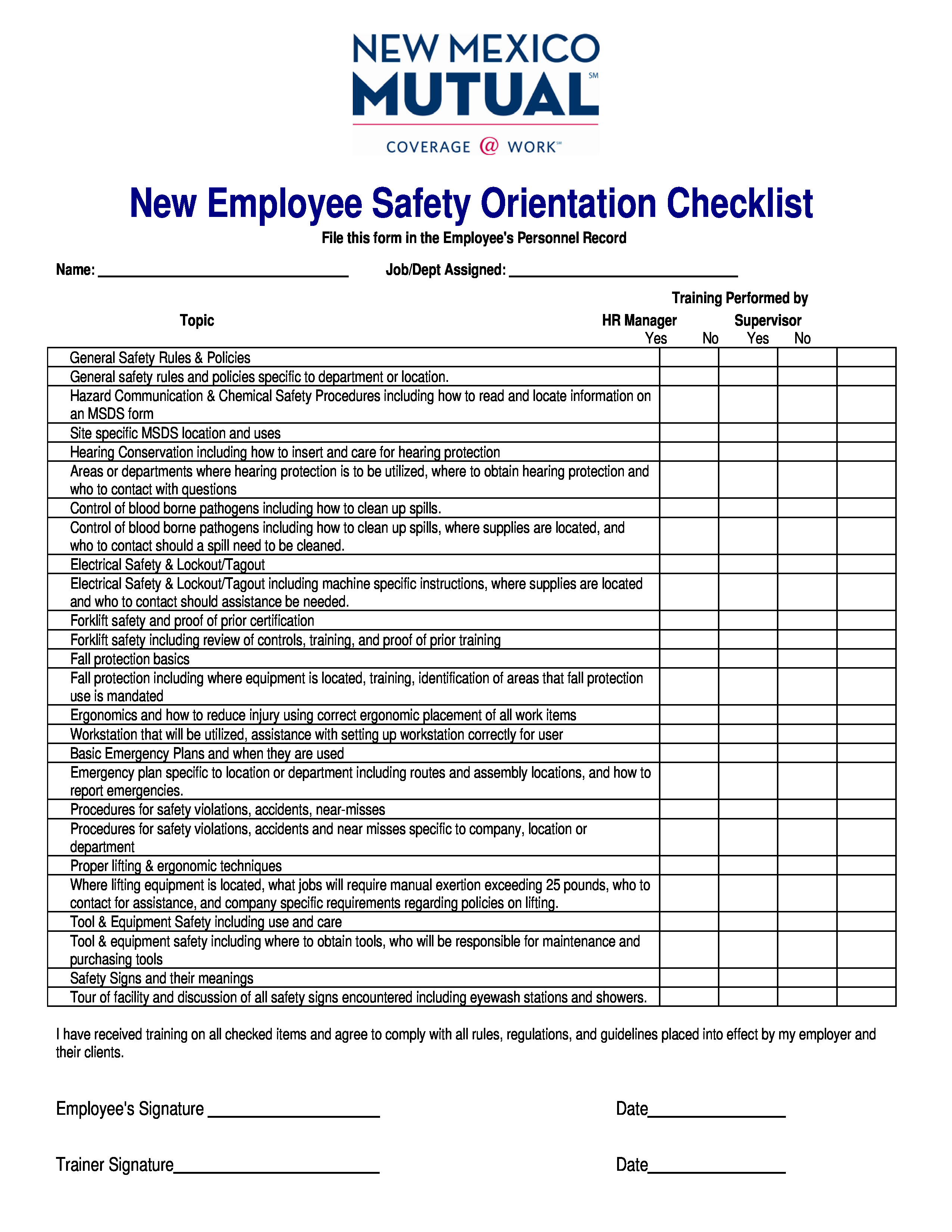 Free New Employee Safety orientation Checklist