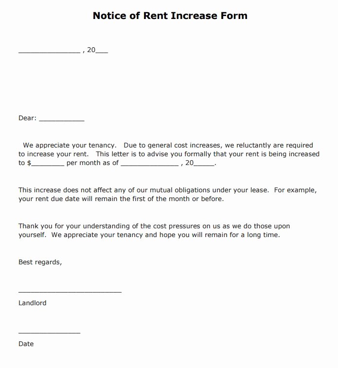 Free Notice Of Rent Increase form Pdf Template