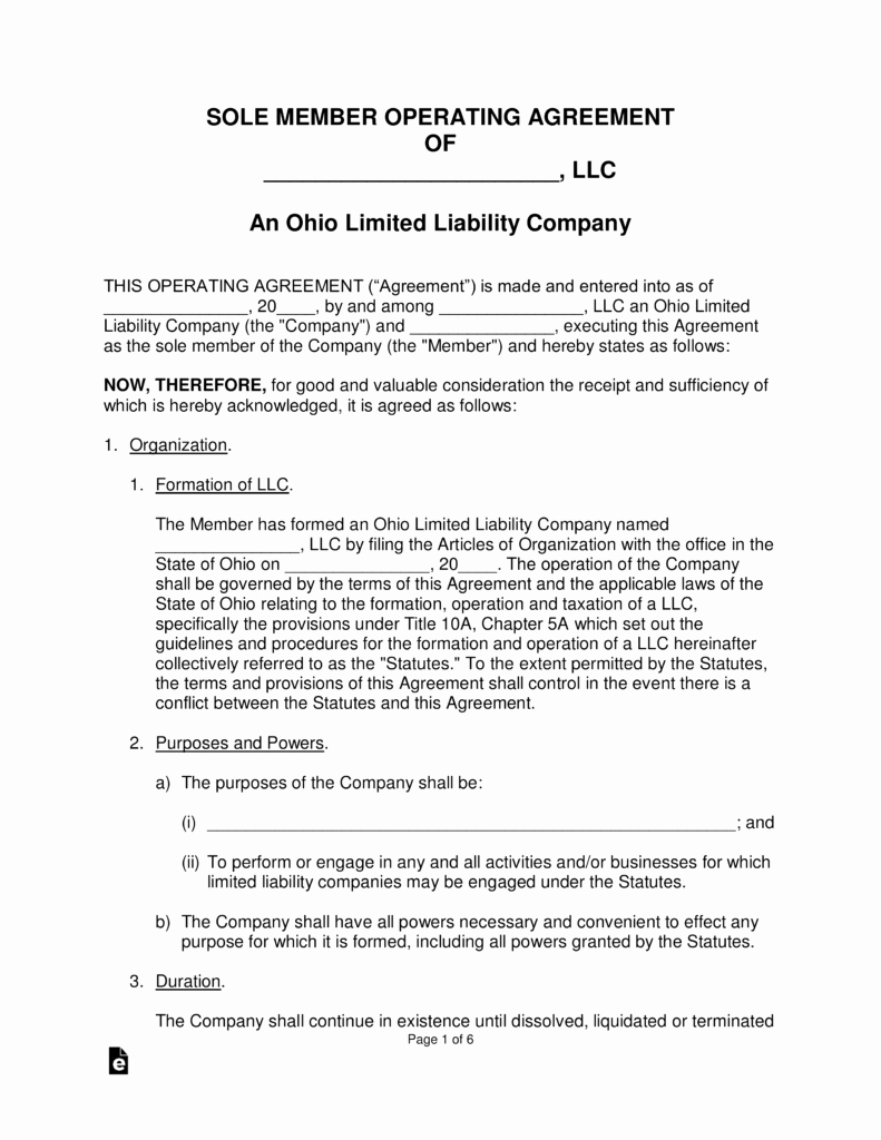 Free Ohio Single Member Llc Operating Agreement form