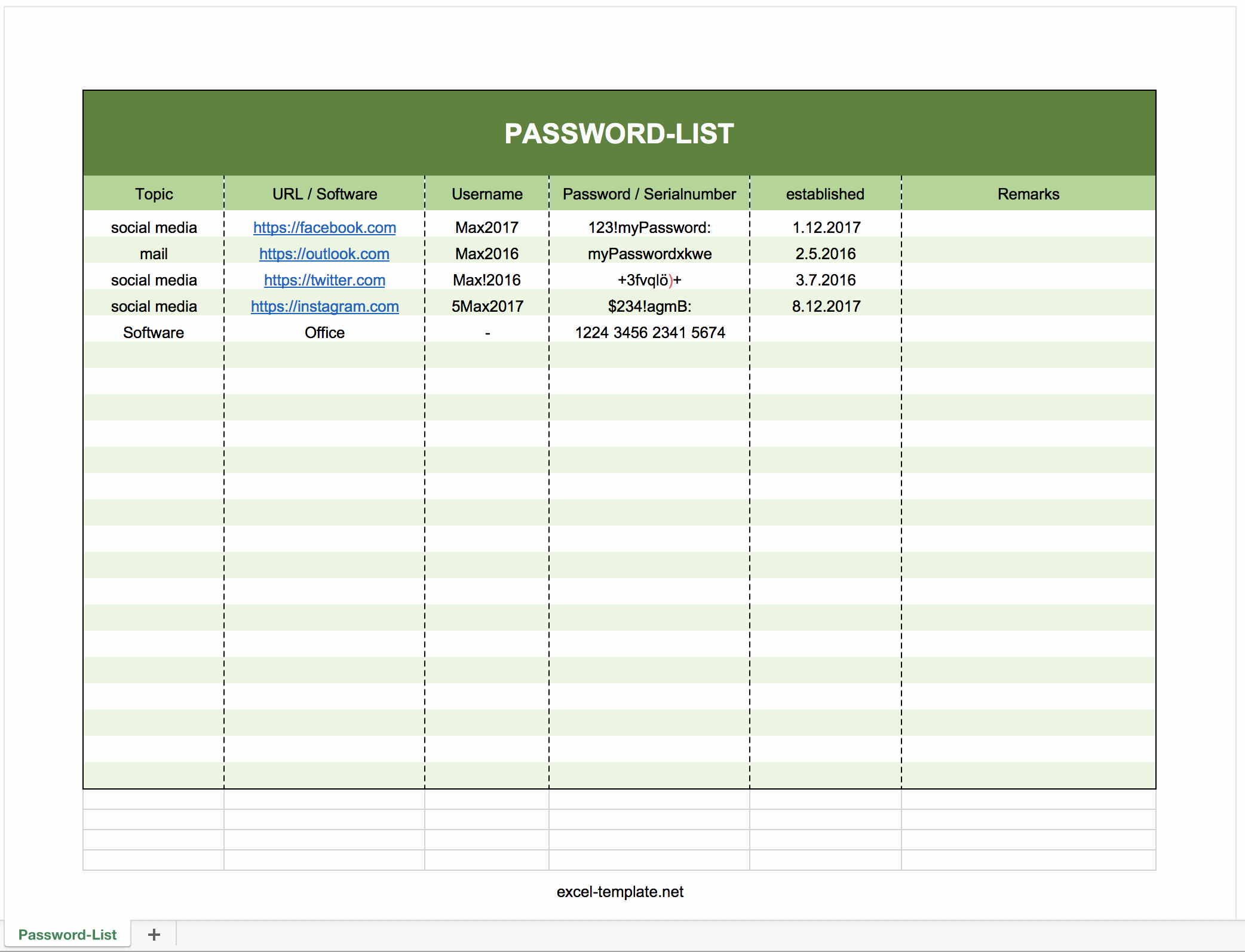 Free Password Log List as Excel Template