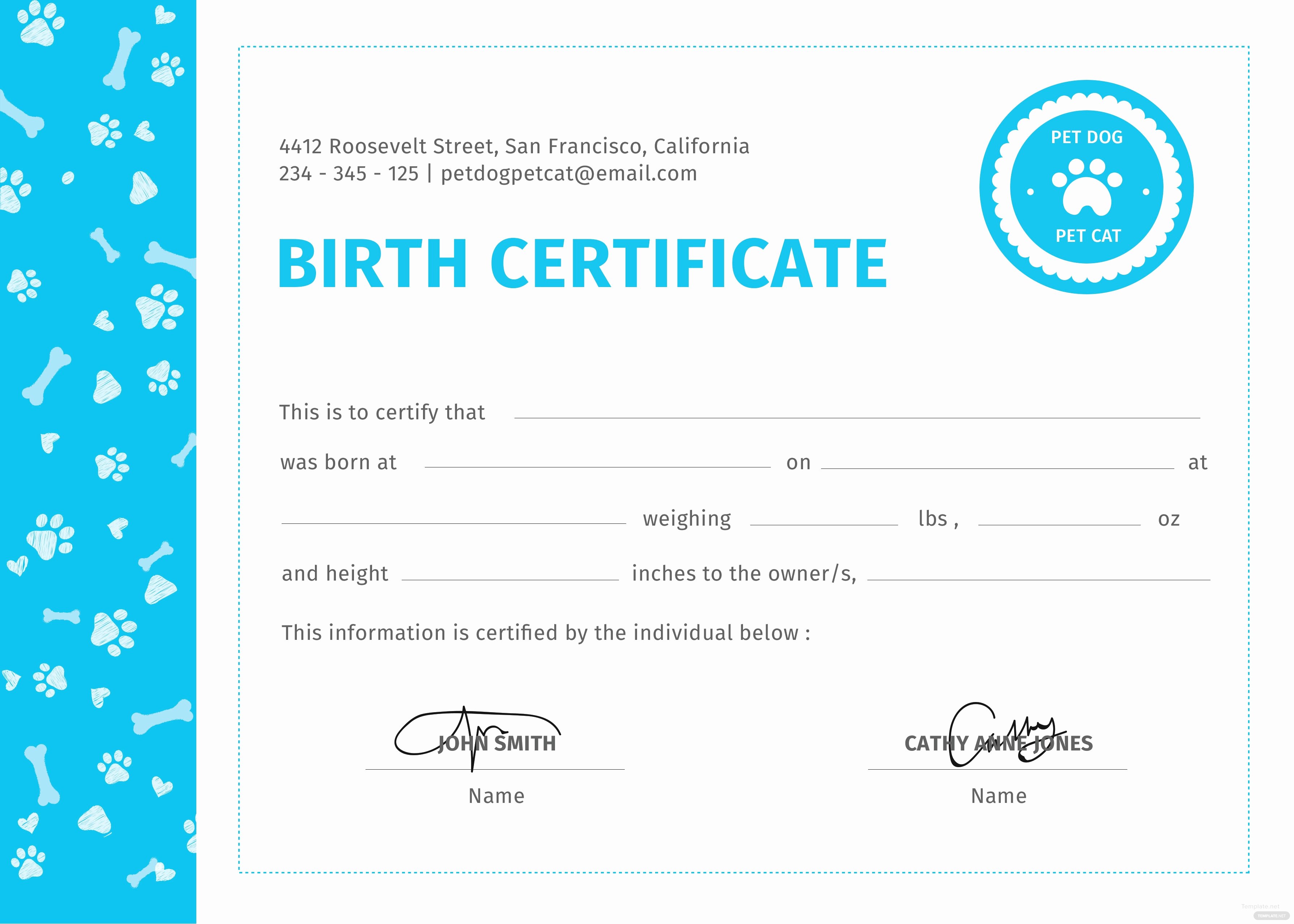 Free Pet Birth Certificate Template In Psd Ms Word