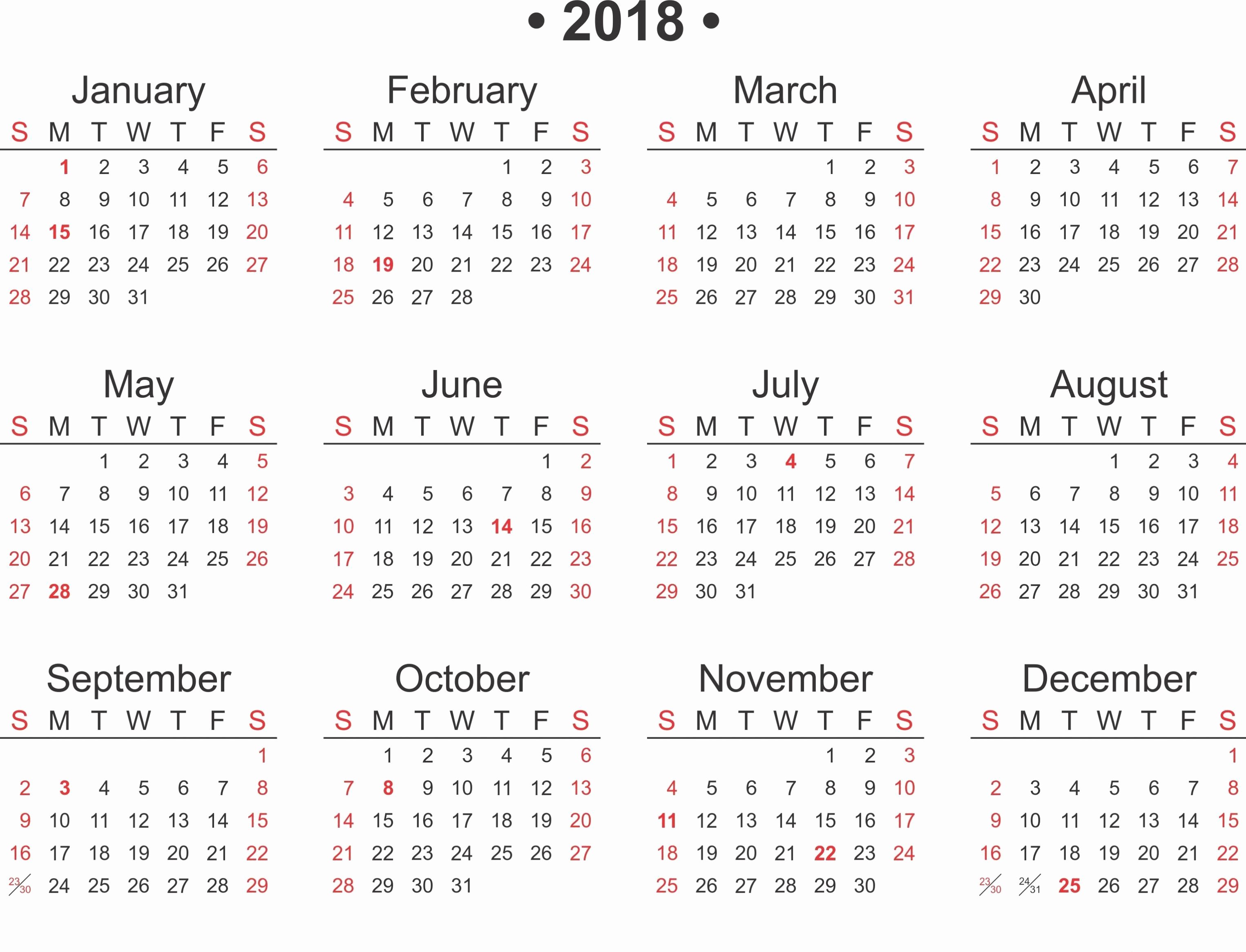 Free Printable 2018 Calendar Template Word Excel