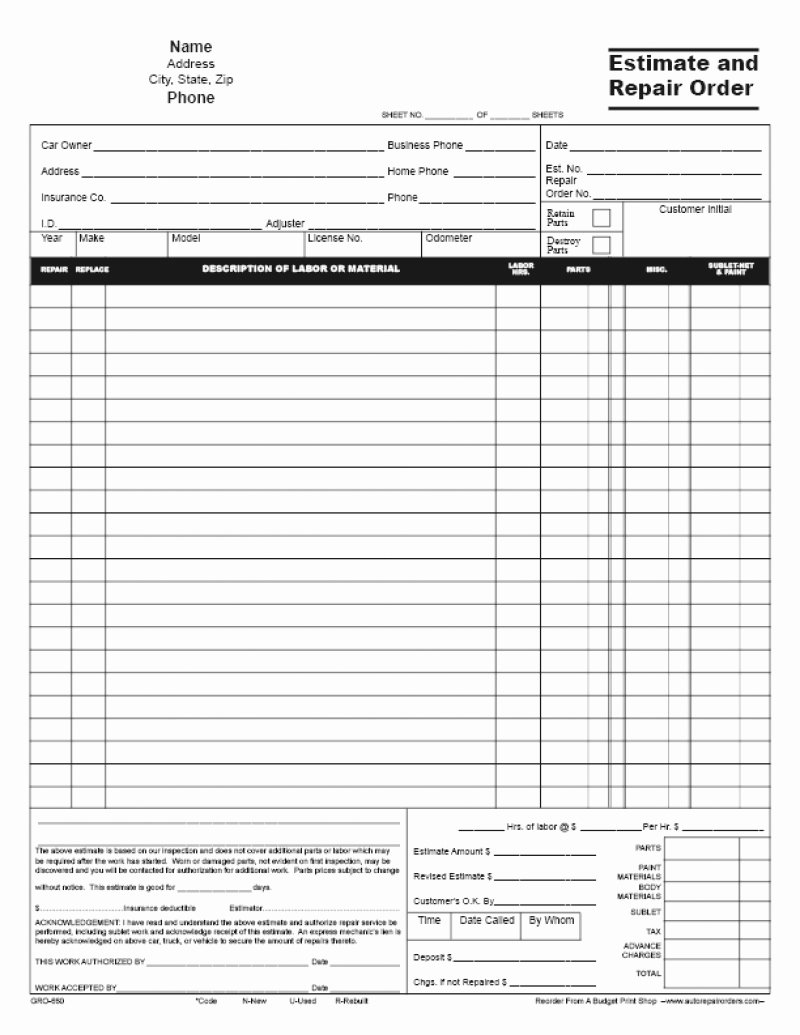 Free Printable Auto Body Repair Estimate forms Cover