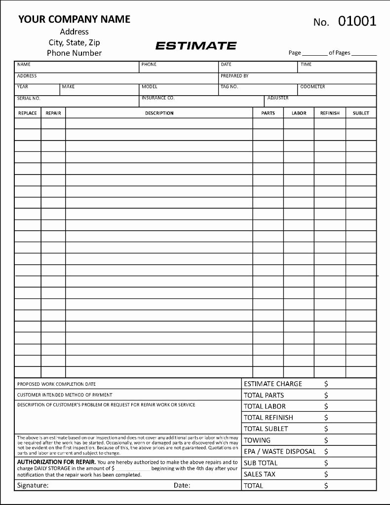 Free Printable Auto Body Repair Estimate forms Cover