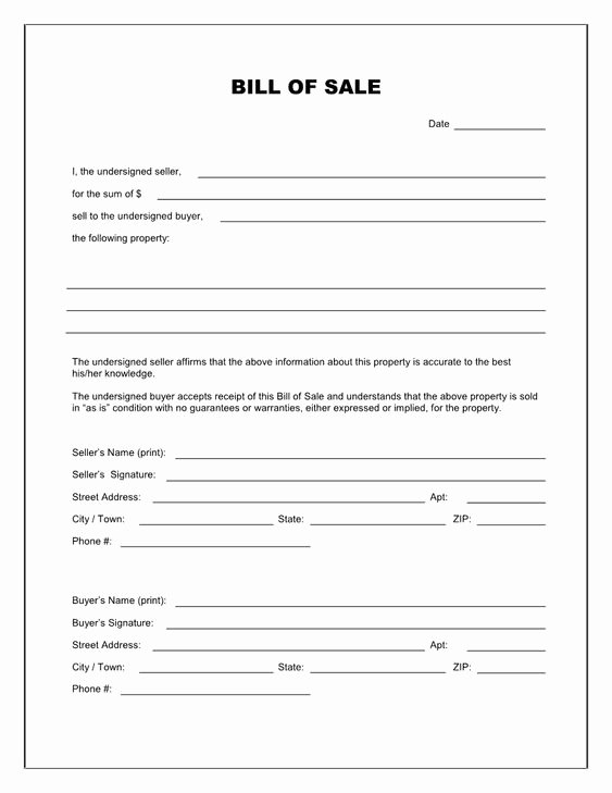 Free Printable Blank Bill Of Sale form Template as is