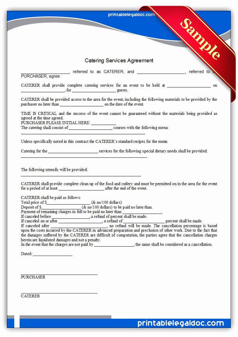 Free Printable Catering Services Agreement form Generic