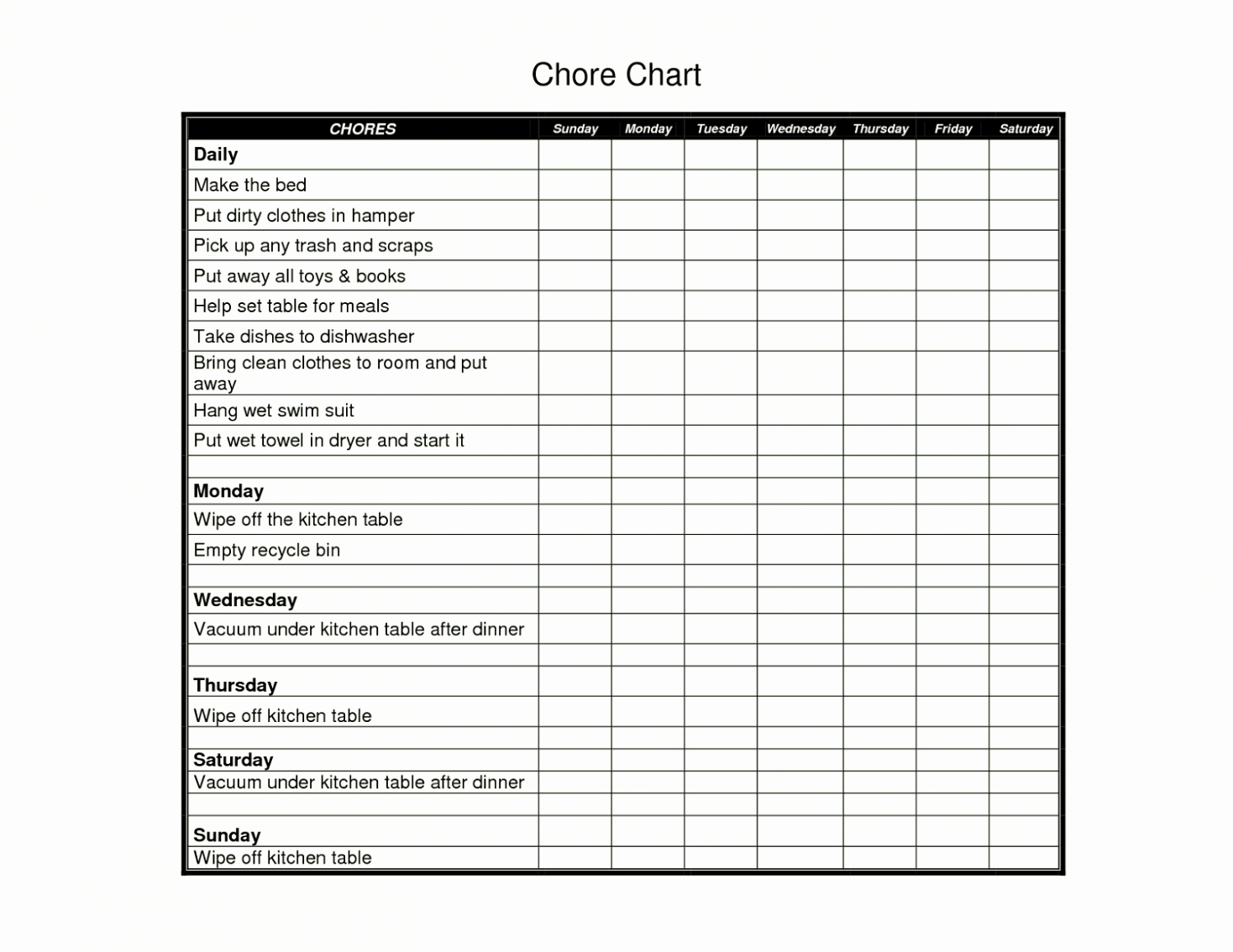 Free Printable Chore Charts Template