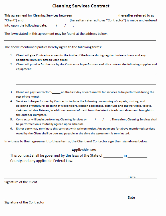 Free Printable Cleaning Services Agreement Printable
