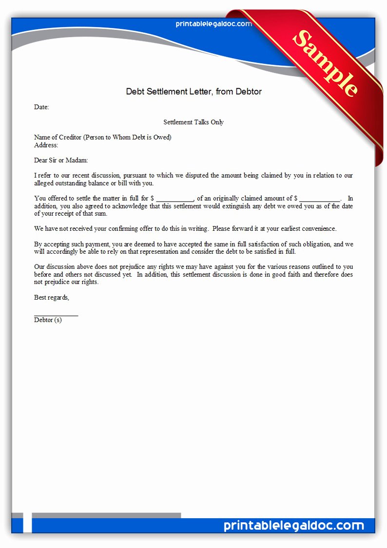 Free Printable Debt Settlement Letter Debtor form Generic