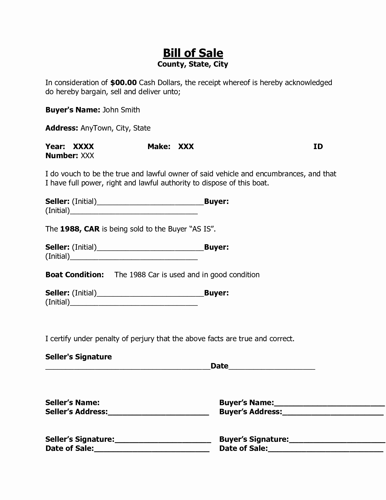 Free Printable Free Car Bill Of Sale Template form Generic
